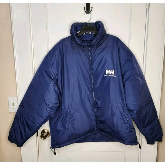 Men's Vintage Helly Hansen Reversible Down Puffer Jacket Size XXL Blue Logo - Picture 1 of 9